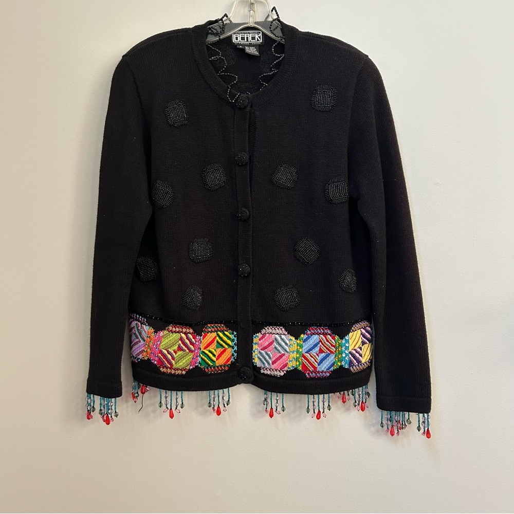 Berek Womans Vintage Black Beaded Embroidered Granny Square  Cardigan Small